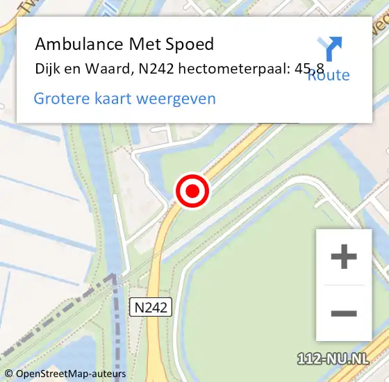Locatie op kaart van de 112 melding: Ambulance Met Spoed Naar Dijk en Waard, N242 hectometerpaal: 45,8 op 20 juli 2024 14:32