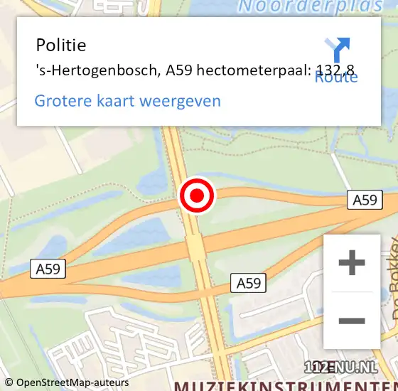Locatie op kaart van de 112 melding: Politie 's-Hertogenbosch, A59 hectometerpaal: 132,8 op 20 juli 2024 15:12