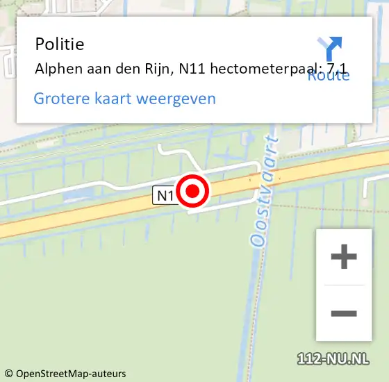 Locatie op kaart van de 112 melding: Politie Alphen aan den Rijn, N11 hectometerpaal: 7,1 op 20 juli 2024 16:29