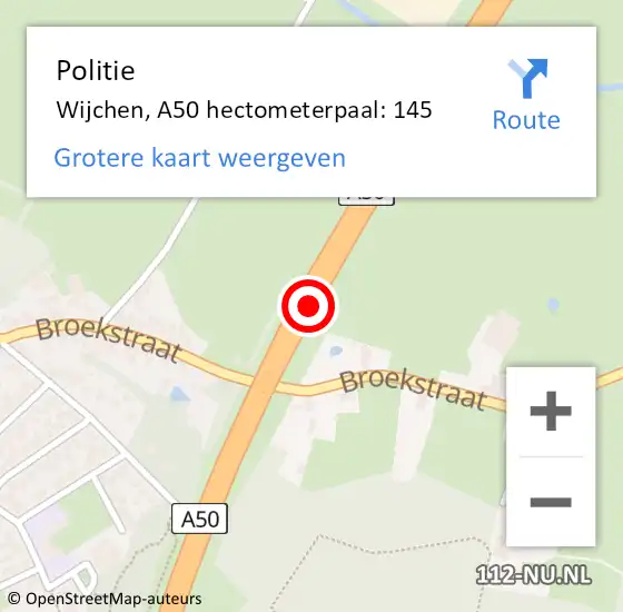 Locatie op kaart van de 112 melding: Politie Wijchen, A50 hectometerpaal: 145 op 20 juli 2024 16:43