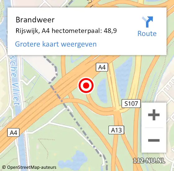 Locatie op kaart van de 112 melding: Brandweer Rijswijk, A4 hectometerpaal: 48,9 op 20 juli 2024 22:12