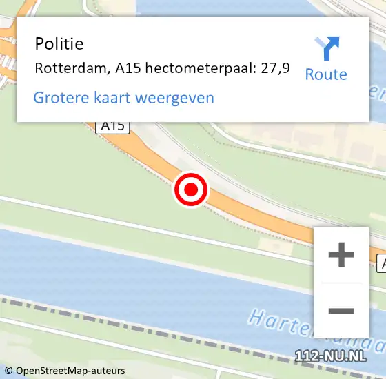 Locatie op kaart van de 112 melding: Politie Rotterdam, A15 hectometerpaal: 27,9 op 20 juli 2024 22:27