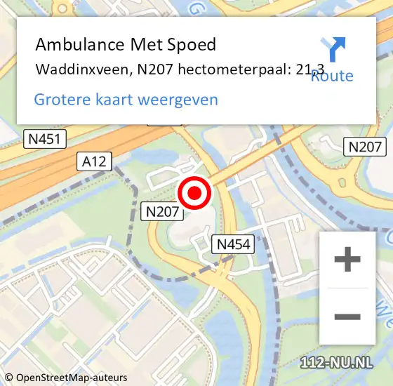 Locatie op kaart van de 112 melding: Ambulance Met Spoed Naar Waddinxveen, N207 hectometerpaal: 21,3 op 20 juli 2024 22:37