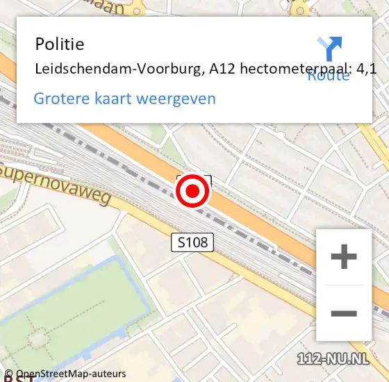 Locatie op kaart van de 112 melding: Politie Leidschendam-Voorburg, A12 hectometerpaal: 4,1 op 20 juli 2024 23:17