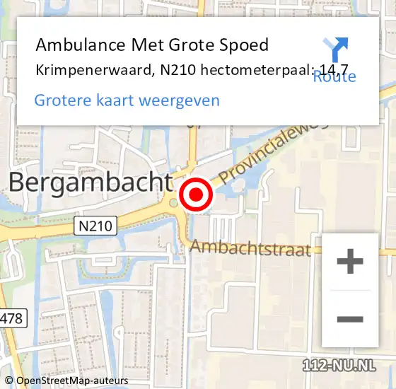 Locatie op kaart van de 112 melding: Ambulance Met Grote Spoed Naar Krimpenerwaard, N210 hectometerpaal: 14,7 op 20 juli 2024 23:22