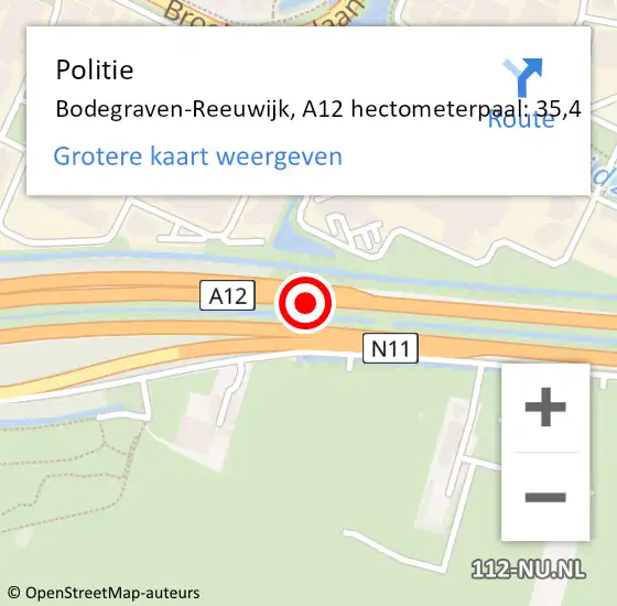 Locatie op kaart van de 112 melding: Politie Bodegraven-Reeuwijk, A12 hectometerpaal: 35,4 op 20 juli 2024 23:31