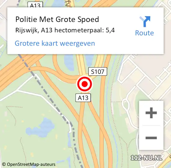 Locatie op kaart van de 112 melding: Politie Met Grote Spoed Naar Rijswijk, A13 hectometerpaal: 5,4 op 21 juli 2024 00:00