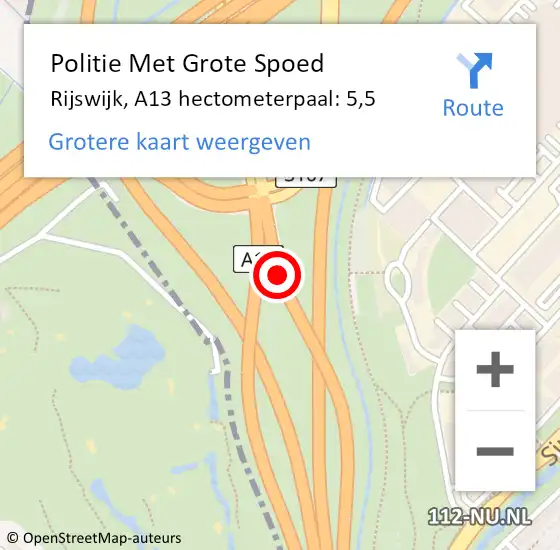 Locatie op kaart van de 112 melding: Politie Met Grote Spoed Naar Rijswijk, A13 hectometerpaal: 5,5 op 21 juli 2024 00:01