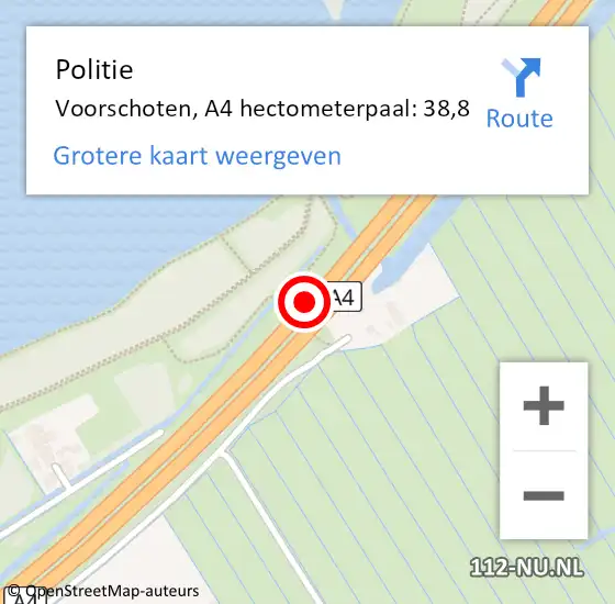 Locatie op kaart van de 112 melding: Politie Voorschoten, A4 hectometerpaal: 38,8 op 21 juli 2024 04:10