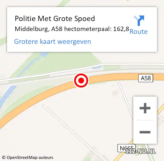 Locatie op kaart van de 112 melding: Politie Met Grote Spoed Naar Middelburg, A58 hectometerpaal: 162,8 op 21 juli 2024 05:30