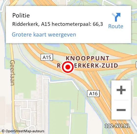 Locatie op kaart van de 112 melding: Politie Ridderkerk, A15 hectometerpaal: 66,3 op 21 juli 2024 06:54