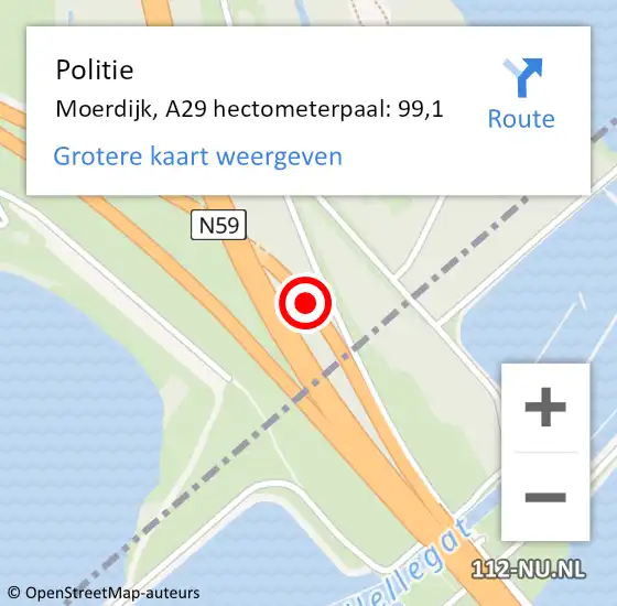 Locatie op kaart van de 112 melding: Politie Moerdijk, A29 hectometerpaal: 99,1 op 21 juli 2024 07:10