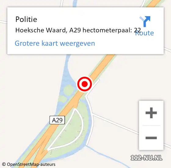Locatie op kaart van de 112 melding: Politie Hoeksche Waard, A29 hectometerpaal: 22 op 21 juli 2024 08:39