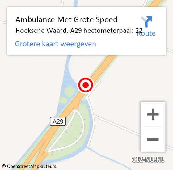 Locatie op kaart van de 112 melding: Ambulance Met Grote Spoed Naar Hoeksche Waard, A29 hectometerpaal: 22 op 21 juli 2024 08:39