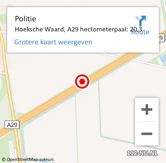 Locatie op kaart van de 112 melding: Politie Hoeksche Waard, A29 hectometerpaal: 20,3 op 21 juli 2024 08:50