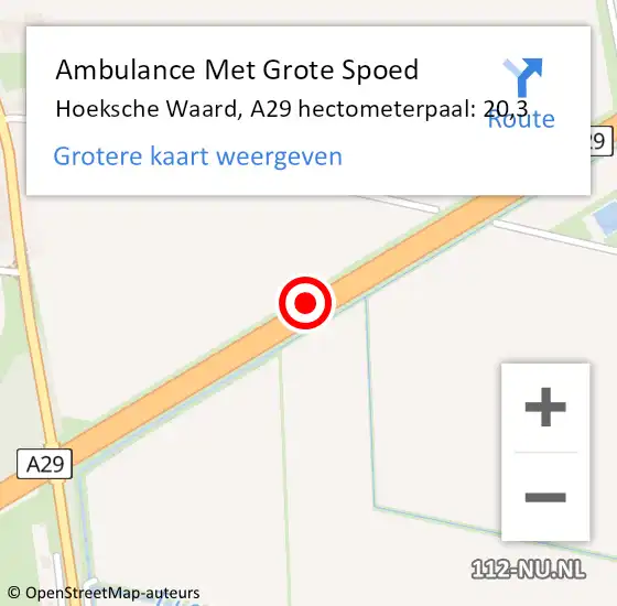 Locatie op kaart van de 112 melding: Ambulance Met Grote Spoed Naar Hoeksche Waard, A29 hectometerpaal: 20,3 op 21 juli 2024 08:50
