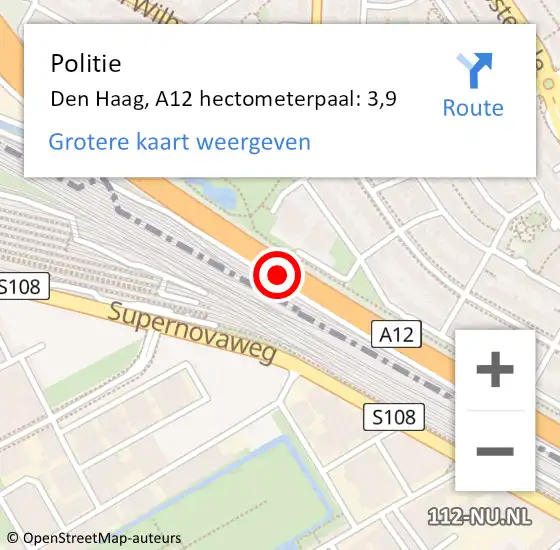 Locatie op kaart van de 112 melding: Politie Den Haag, A12 hectometerpaal: 3,9 op 21 juli 2024 08:59