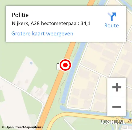Locatie op kaart van de 112 melding: Politie Nijkerk, A28 hectometerpaal: 34,1 op 21 juli 2024 10:35