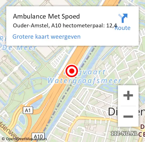 Locatie op kaart van de 112 melding: Ambulance Met Spoed Naar Ouder-Amstel, A10 hectometerpaal: 12,4 op 21 juli 2024 11:50