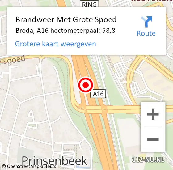 Locatie op kaart van de 112 melding: Brandweer Met Grote Spoed Naar Breda, A16 hectometerpaal: 58,8 op 21 juli 2024 12:49
