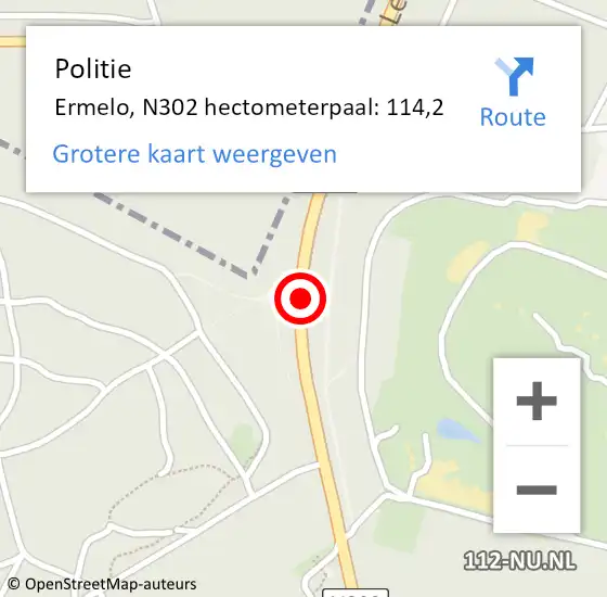 Locatie op kaart van de 112 melding: Politie Ermelo, N302 hectometerpaal: 114,2 op 21 juli 2024 13:01