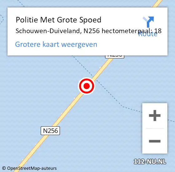 Locatie op kaart van de 112 melding: Politie Met Grote Spoed Naar Schouwen-Duiveland, N256 hectometerpaal: 18 op 21 juli 2024 14:13