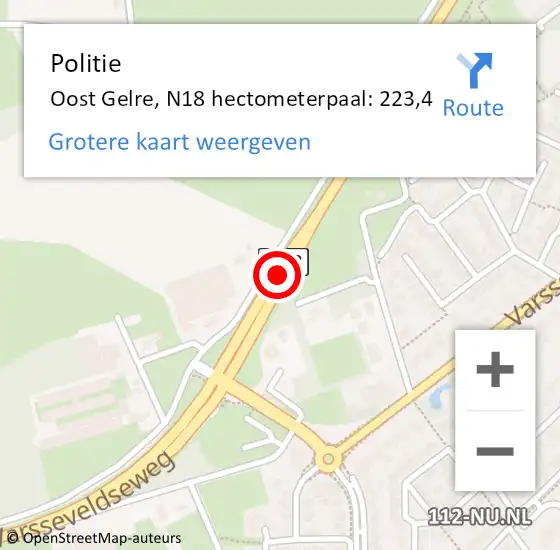 Locatie op kaart van de 112 melding: Politie Oost Gelre, N18 hectometerpaal: 223,4 op 21 juli 2024 15:23