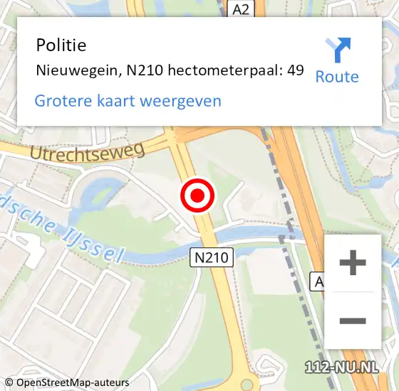Locatie op kaart van de 112 melding: Politie Nieuwegein, N210 hectometerpaal: 49 op 21 juli 2024 19:58