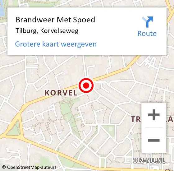 Locatie op kaart van de 112 melding: Brandweer Met Spoed Naar Tilburg, Korvelseweg op 21 juli 2024 22:10