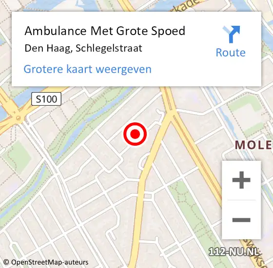 Locatie op kaart van de 112 melding: Ambulance Met Grote Spoed Naar Den Haag, Schlegelstraat op 21 juli 2024 22:33