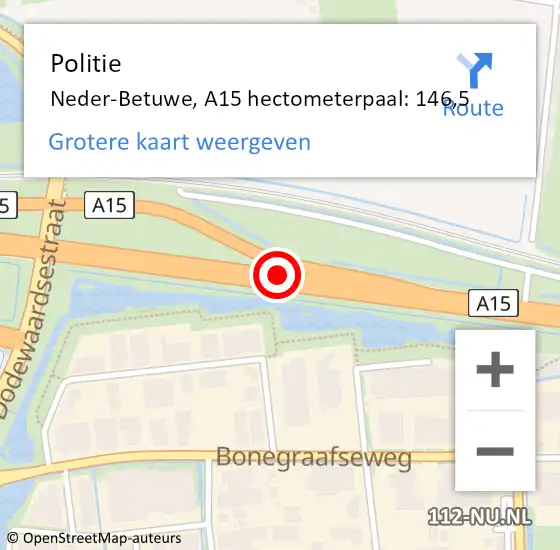 Locatie op kaart van de 112 melding: Politie Neder-Betuwe, A15 hectometerpaal: 146,5 op 22 juli 2024 02:03