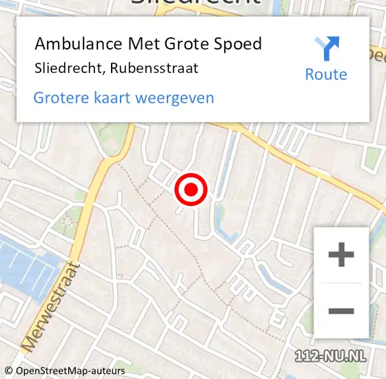 Locatie op kaart van de 112 melding: Ambulance Met Grote Spoed Naar Sliedrecht, Rubensstraat op 22 juli 2024 03:22