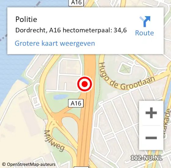 Locatie op kaart van de 112 melding: Politie Dordrecht, A16 hectometerpaal: 34,6 op 22 juli 2024 07:40