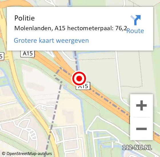 Locatie op kaart van de 112 melding: Politie Molenlanden, A15 hectometerpaal: 76,2 op 22 juli 2024 08:38