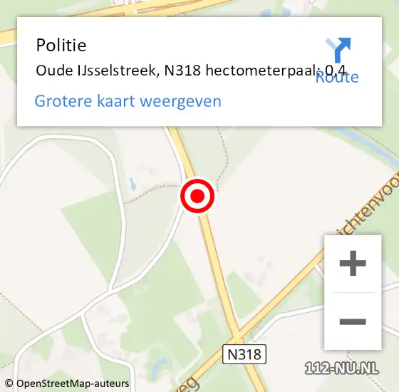 Locatie op kaart van de 112 melding: Politie Oude IJsselstreek, N318 hectometerpaal: 0,4 op 22 juli 2024 11:06