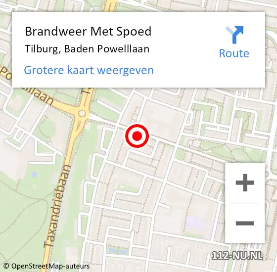 Locatie op kaart van de 112 melding: Brandweer Met Spoed Naar Tilburg, Baden Powelllaan op 22 juli 2024 11:37