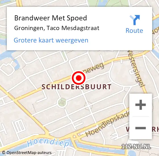 Locatie op kaart van de 112 melding: Brandweer Met Spoed Naar Groningen, Taco Mesdagstraat op 22 juli 2024 12:03