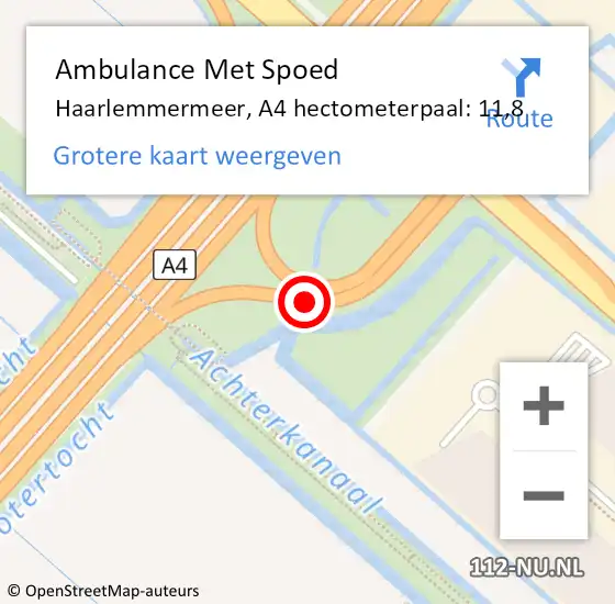 Locatie op kaart van de 112 melding: Ambulance Met Spoed Naar Haarlemmermeer, A4 hectometerpaal: 11,8 op 22 juli 2024 12:10