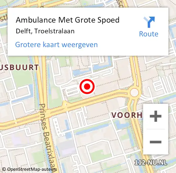 Locatie op kaart van de 112 melding: Ambulance Met Grote Spoed Naar Delft, Troelstralaan op 22 juli 2024 12:43