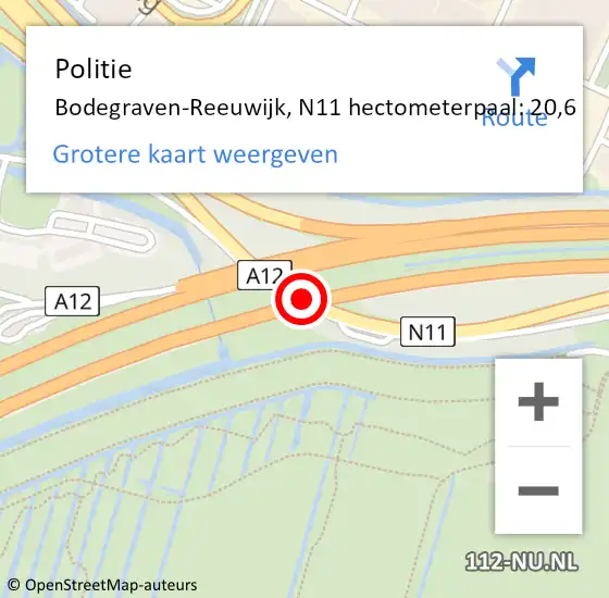 Locatie op kaart van de 112 melding: Politie Bodegraven-Reeuwijk, N11 hectometerpaal: 20,6 op 22 juli 2024 13:49