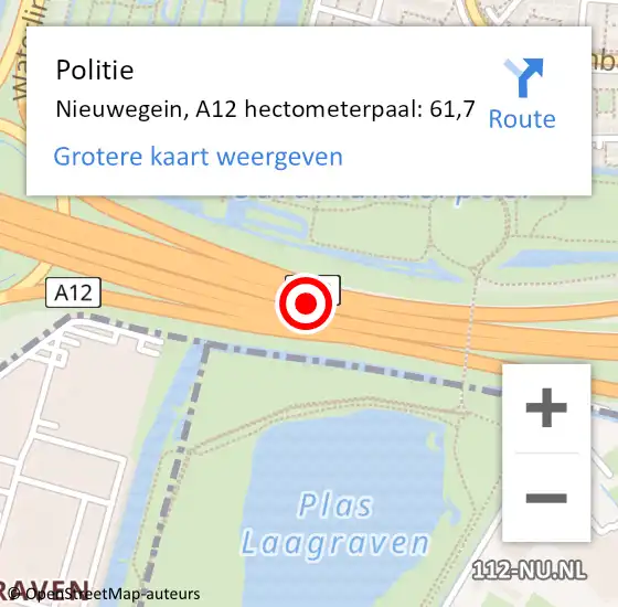 Locatie op kaart van de 112 melding: Politie Nieuwegein, A12 hectometerpaal: 61,7 op 22 juli 2024 14:05