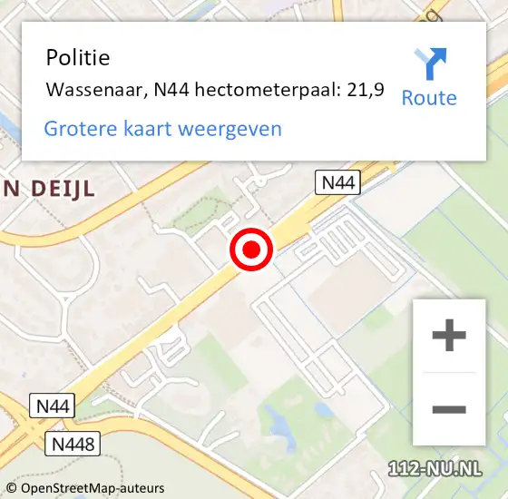 Locatie op kaart van de 112 melding: Politie Wassenaar, N44 hectometerpaal: 21,9 op 22 juli 2024 14:19