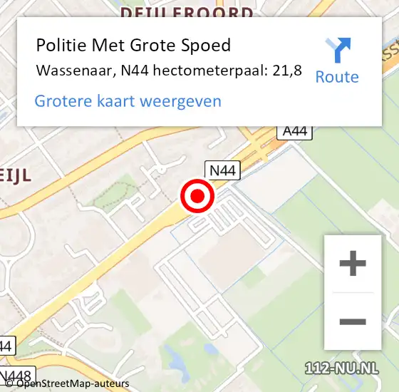 Locatie op kaart van de 112 melding: Politie Met Grote Spoed Naar Wassenaar, N44 hectometerpaal: 21,8 op 22 juli 2024 14:22