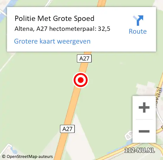 Locatie op kaart van de 112 melding: Politie Met Grote Spoed Naar Altena, A27 hectometerpaal: 32,5 op 22 juli 2024 14:42