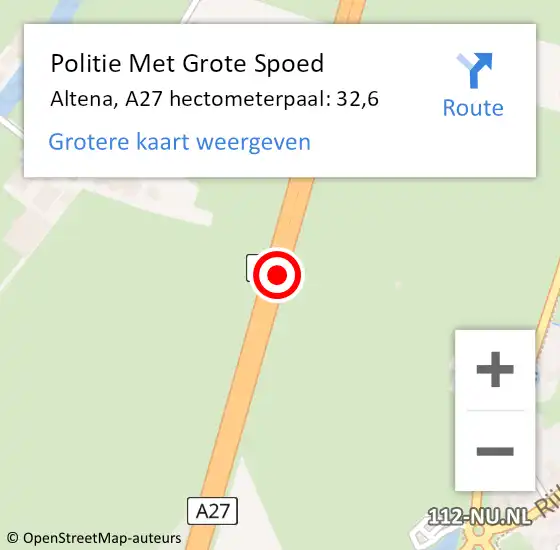 Locatie op kaart van de 112 melding: Politie Met Grote Spoed Naar Altena, A27 hectometerpaal: 32,6 op 22 juli 2024 14:45