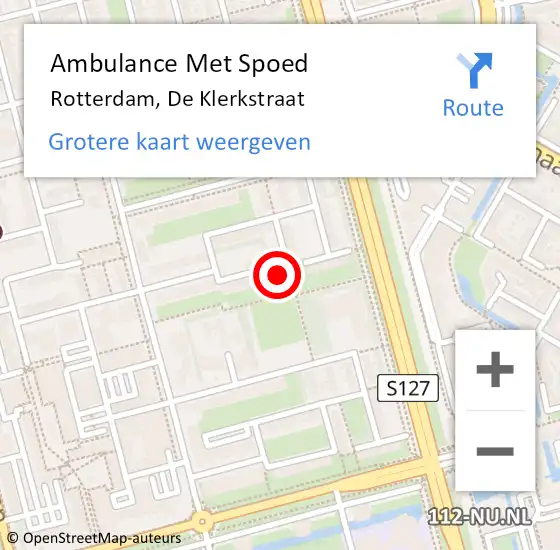 Locatie op kaart van de 112 melding: Ambulance Met Spoed Naar Rotterdam, De Klerkstraat op 22 juli 2024 15:34