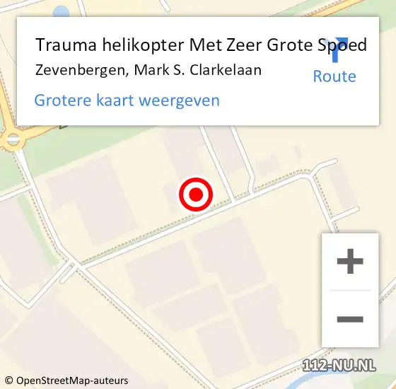 Locatie op kaart van de 112 melding: Trauma helikopter Met Zeer Grote Spoed Naar Zevenbergen, Mark S. Clarkelaan op 22 juli 2024 15:35