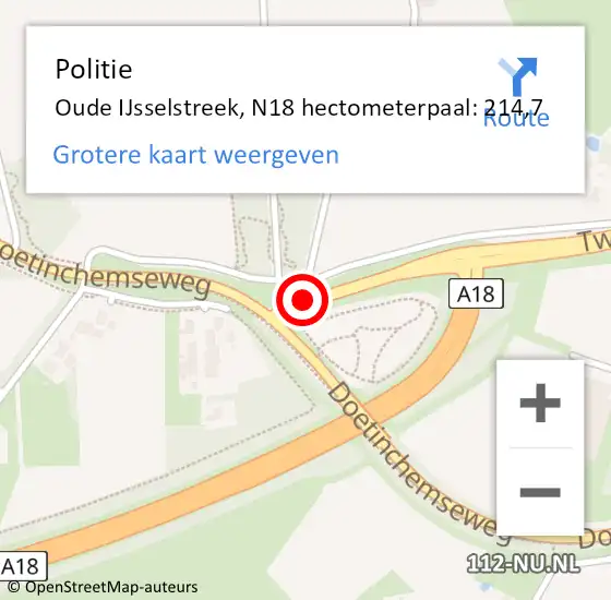 Locatie op kaart van de 112 melding: Politie Oude IJsselstreek, N18 hectometerpaal: 214,7 op 22 juli 2024 15:36