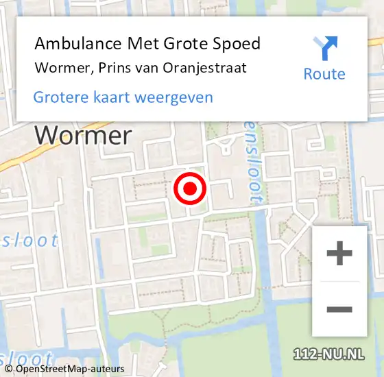 Locatie op kaart van de 112 melding: Ambulance Met Grote Spoed Naar Wormer, Prins van Oranjestraat op 22 juli 2024 16:39