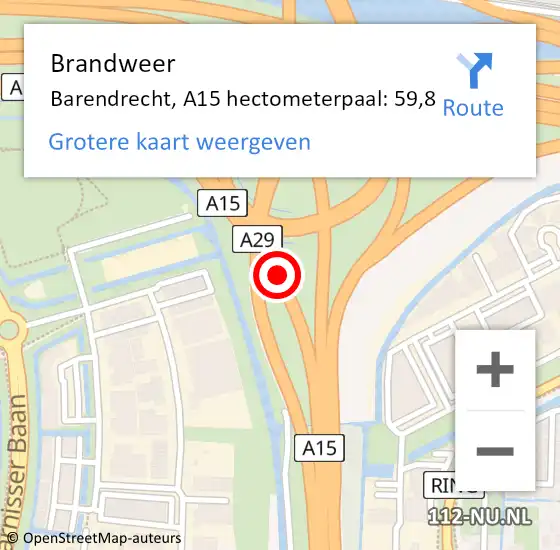 Locatie op kaart van de 112 melding: Brandweer Barendrecht, A15 hectometerpaal: 59,8 op 22 juli 2024 16:44